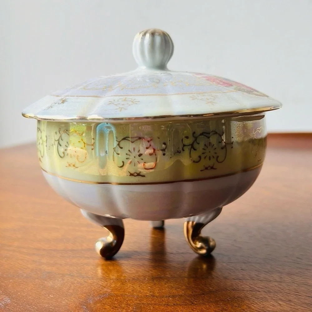 Vintage Opalescent Footed Trinket Box